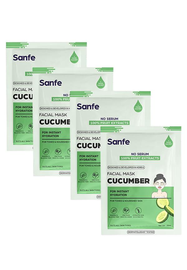 Instant Hydration Cucumber Facial Mask | For toned & nourished skin | 100% fruit extracts, Korean Mask | 4pc, 100gm