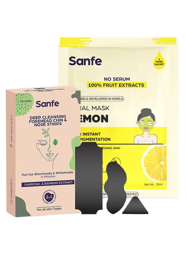 Sanfe Deep Purifying Nose Strips (Pack of 6) & Instant Hydration Lemon Facial Mask (25g)