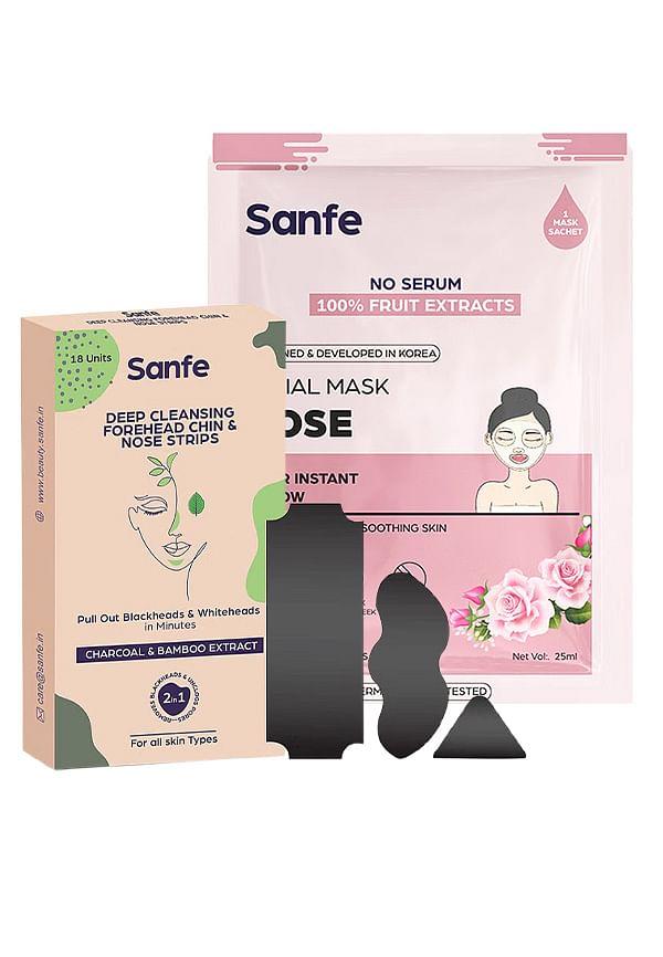 Sanfe Deep Purifying Nose Strips (Pack of 6) & Instant Hydration Rose Facial Mask (25g)
