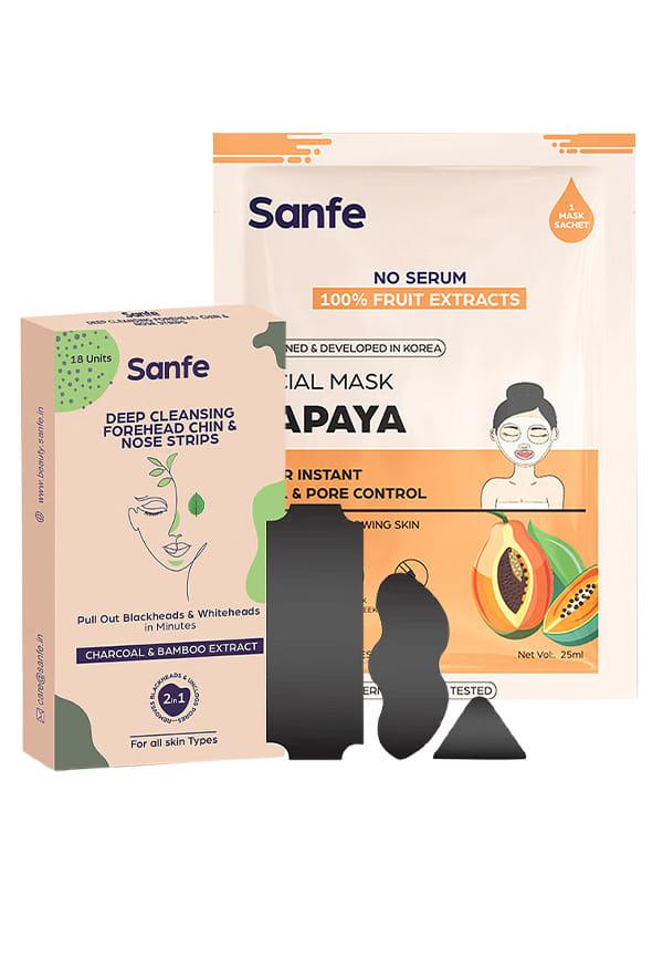 Sanfe Deep Purifying Nose Strips (Pack of 6) & Instant Hydration Papaya Facial Mask (25g)