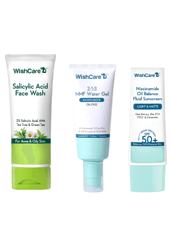WishCare Oil Control Skincare Routine | Salicylic Acid Facewash, NMF Water Gel Moisturizer & SPF Niacinamide Oil Balance Fluid Sunscreen