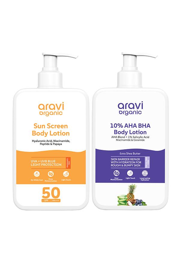 Sunscreen SPF 50 PA+++ & 10% AHA + 1% BHA Body Lotion Combo For Brightening