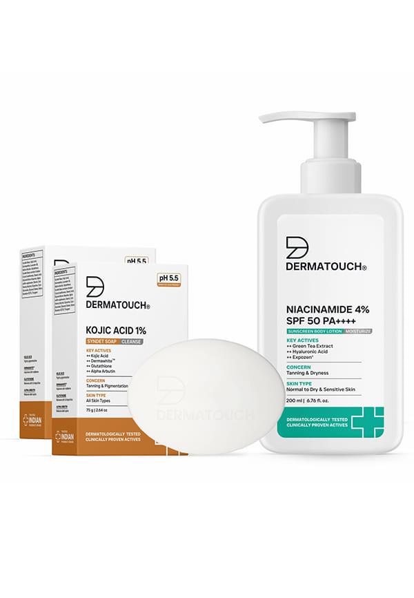 Body De-Tan Kit | Kojic Acid & Glutathione Soap + Niacinamide 4% SPF 50 PA++++ Body Lotion