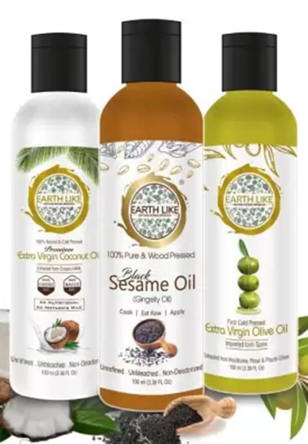 Pure Olive Oil, Coconut Oil & Black Sesame Oil Combo for Hair & Skin Care