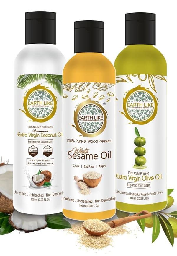 Pure Olive Oil, Coconut Oil & White Sesame Oil Combo for Hair & Skin Care