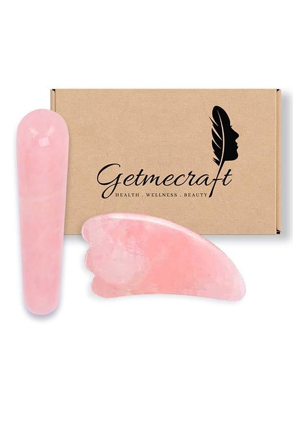 Rose Quartz Wing Shape Gua Sha and Wand Gua Sha Set
