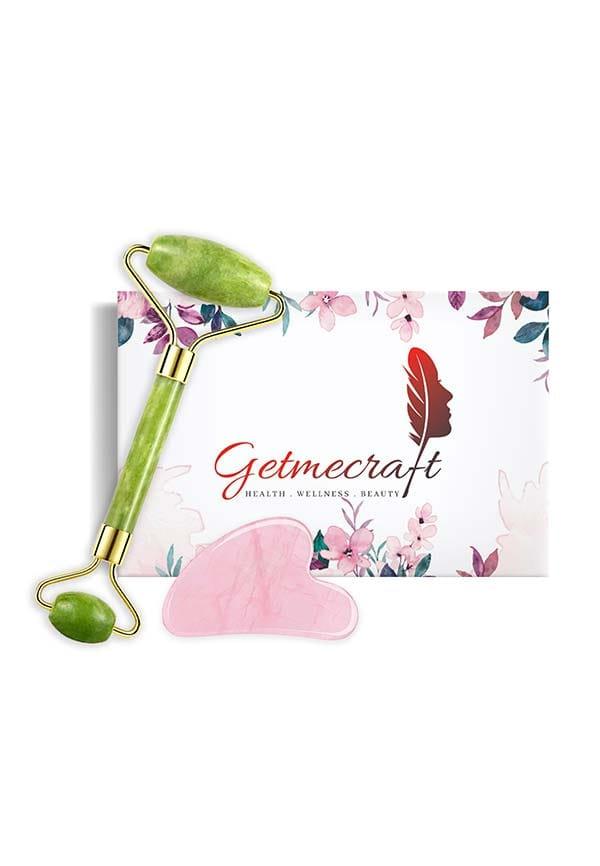 Green Jade Roller and Rose Quartz Gua Sha Facial Massage Tool Set