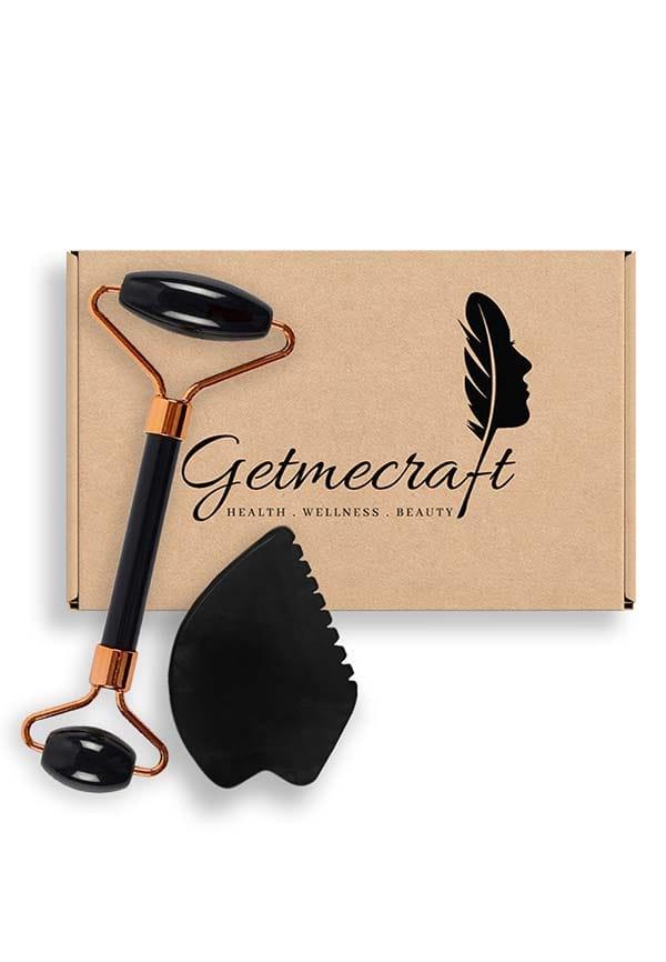 Black Obsidian Face Roller and Leaf Shape Gua Sha Massage Tool Set