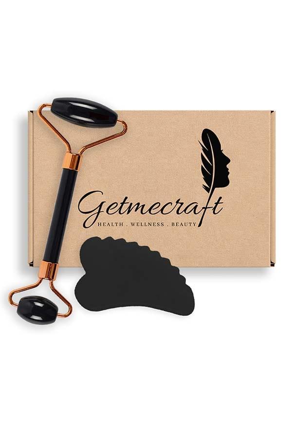 Black Obsidian Facial Roller and Comb Edge Gua Sha Massage Tool Set