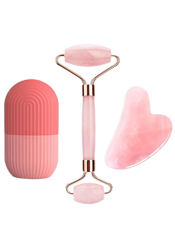 Rose Quartz Roller and Gua Sha Face Massager with Ice Roller