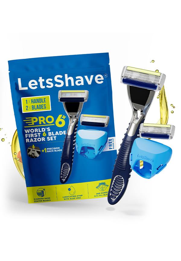 LetsShave Pro 6 Plus Razor for Men | 2 Cartridges, 1 Handle, Protective Cap | World's First 6-Blade Shaver with Precision Back Edge | Argan Oil & Alo