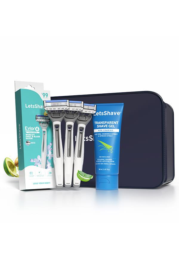 LetsShave Evior 6 Portable Razor for Women, Pack of 3 Razor + 1 Transparent Shave Gel,Travel cap, World's First 6 Blade Razor Set, Disposable Razor f