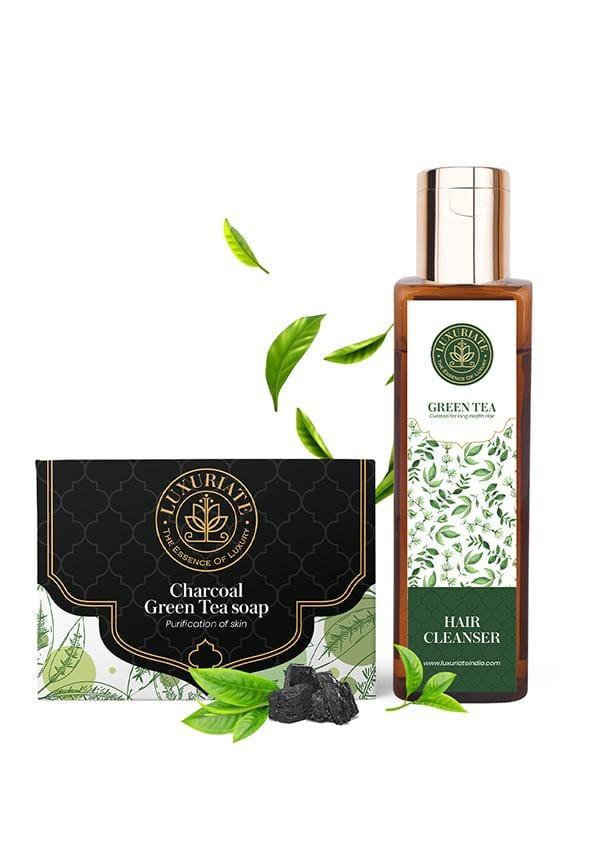 Charcoal and Green Tea Soap for Clear Skin Anti Acne and Tan Removal And Green Tea Daily Luxury Shampoo for Hair Cleansing for Men and Women combo pa