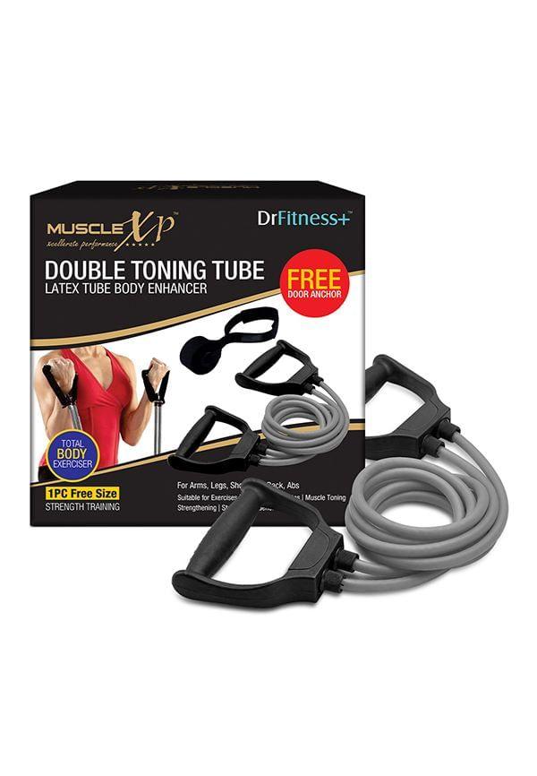 DrFitness+ Double Toning Tube Latex Tube Body Enhancer For Women & Men with Door Anchor, Workout, Home Gym and Toning, For Arms, Legs, Shoulders (Bla