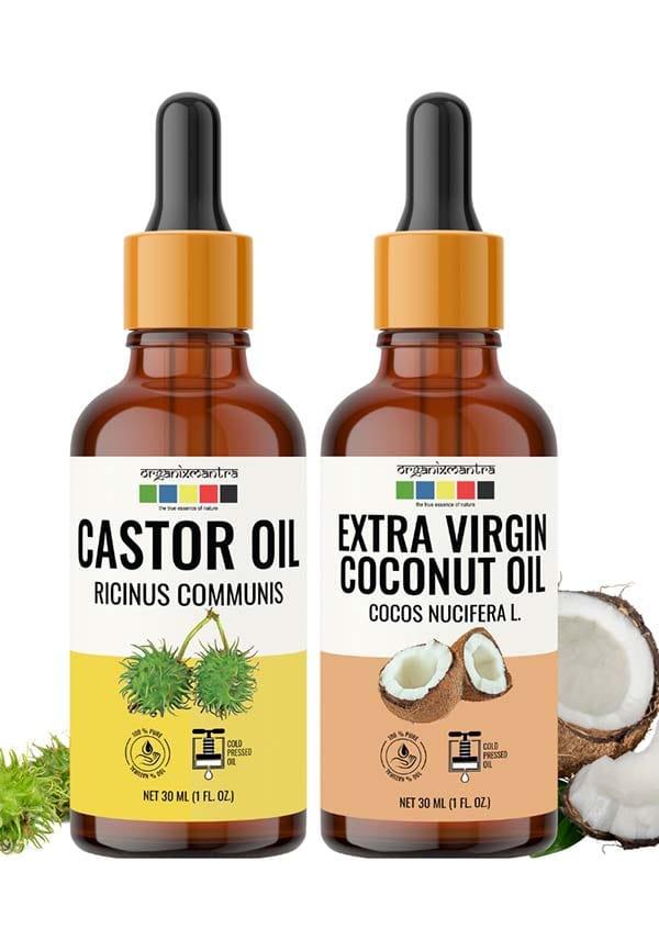 Extra Virgin Coconut Oil, Castor Oil, Cold Pressed Organic Oil, 120ML x 2