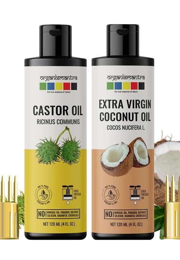 Extra Virgin Coconut Oil, Castor Oil, Cold Pressed Organic Oil, 120ML x 2