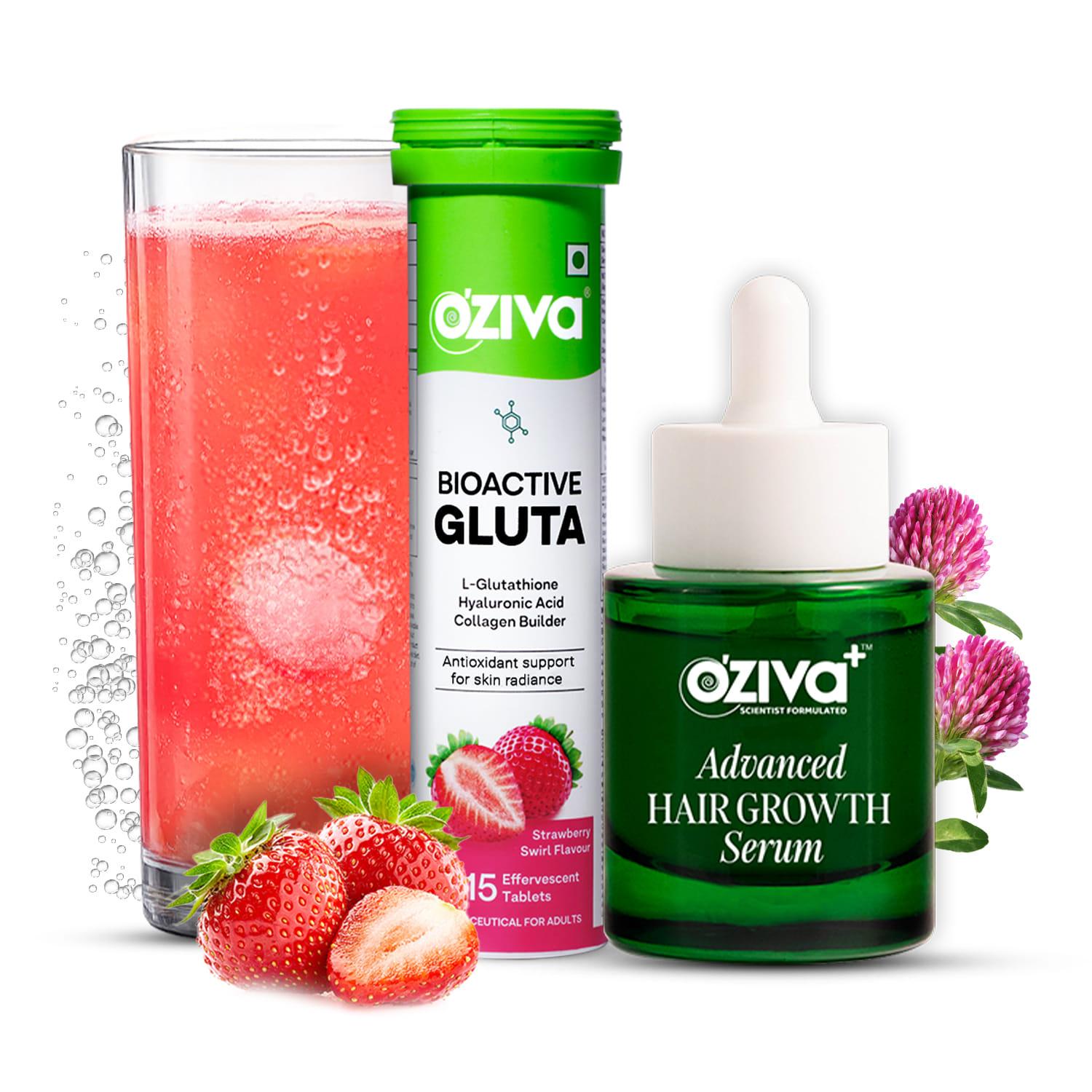 OZiva Bioactive Gluta with L-Glutathione, Strawberry (15 tablets) & Advanced Hair Growth Serum to Rebalance Scalp Microbiome (30ml)