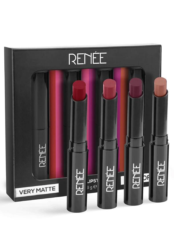 Very Matte Lipstick Combo – Essentials Pack of 4 | Full Coverage, Long-Lasting, Weightless Matte Finish (1.6g Each)