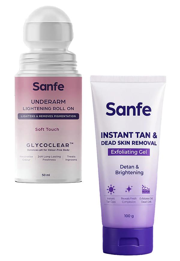 Instant Tan & Dead Skin Removal Exfoliating Gel & Underarm Lightening Roll On (Soft Touch) with 5% AHA