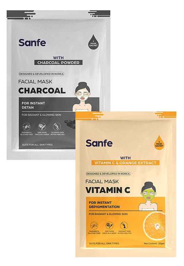 Instant Depigmentation Vitamin C Facial Mask & Instant Detan Charcoal Facial Mask