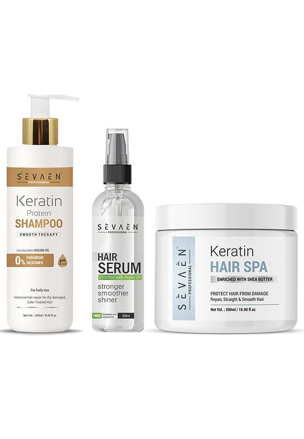 Ultimate Keratin Care: Shampoo, Spa, and Serum for Strong, Healthy Hair.
