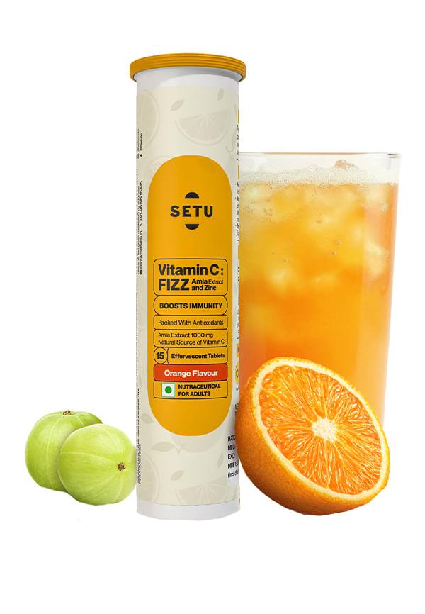 Setu Vitamin C: Fizz - 15 Effervescent Tablets | Amla Extract and Zinc, Boost Immunity, Skin | Orange Flavour