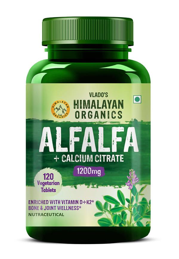 Vlado's Himalayan Organics Alfalfa, Calcium Citrate Malate 1200mg with Vitamin D, K2 (MK7), B12, Zinc & Magnesium - 120 Veg Tablets