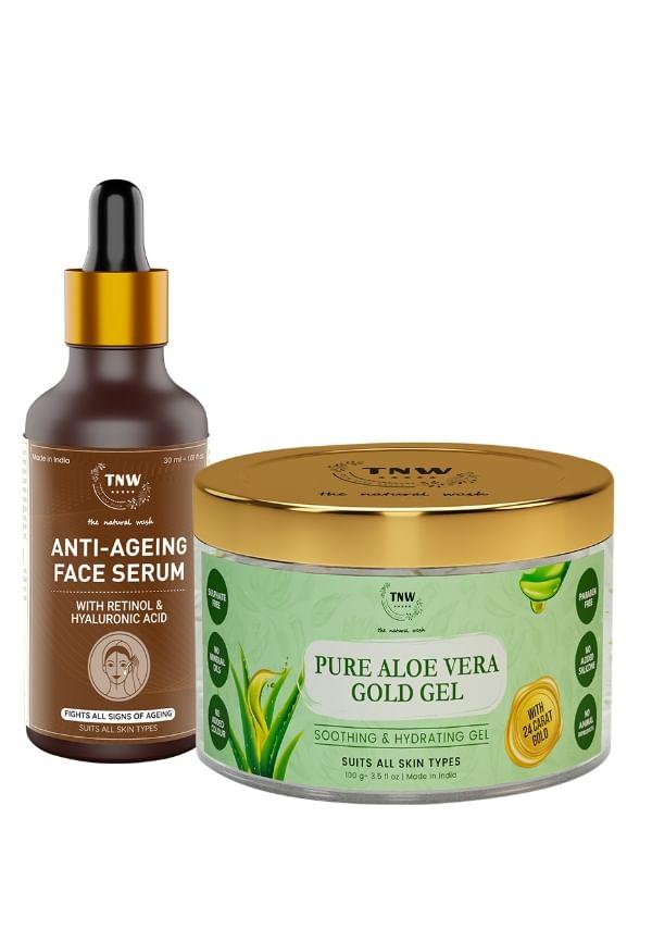 Anti Aging Serum, Retinol Serum for Reducing Wrinkles & Fines Lines with Pure 24k Gold Aloe Vera Gel for Face Skin, Scars & Sunburn