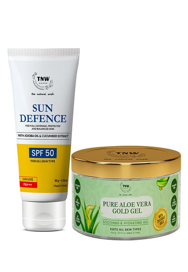 Combo of Aloe Vera Gold Gel & Sun Defence Sunscreen Cream | Beauty Gel For Acne,Scars,Sunburn Treatment Prvents Dark Spots, 100 ML | SPF50 Lotion, Su