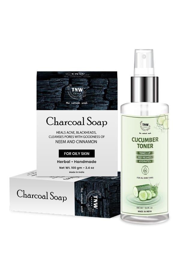 Handmade Charcoal Soap For Blackheads & Acne With Cucumber Toner Face Spray for Clear and Toned Skin