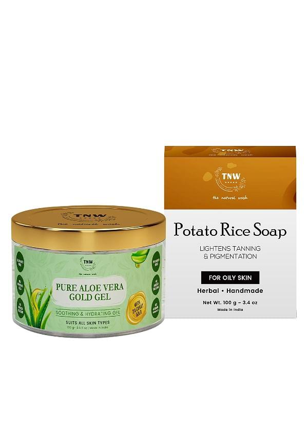 Pure 24k Gold Aloe Vera Gel for Face Skin, Scars & Sunburn with Handmade Potato Rice Soap Reduces Tanning & Pigmentation-Diminishes Dark Spots