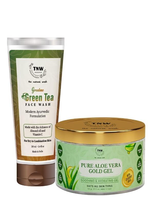 Pure 24k Gold Aloe Vera Gel for Face Skin, Scars & Sunburn with Detox Green Tea Face Wash - Dirt Removal-Vitamin C-Green Tea Helps Prevent Acne and P