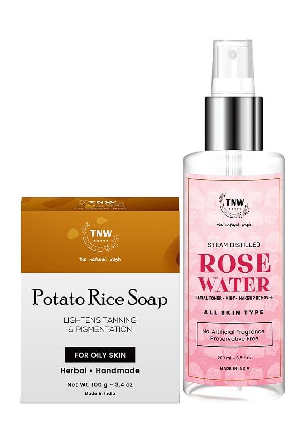 Handmade Potato Rice Soap Reduces Tanning & Pigmentation-Diminishes Dark Spots with Steam Distilled Rose Water/Toner/Makeup Remover (Free from Artifi