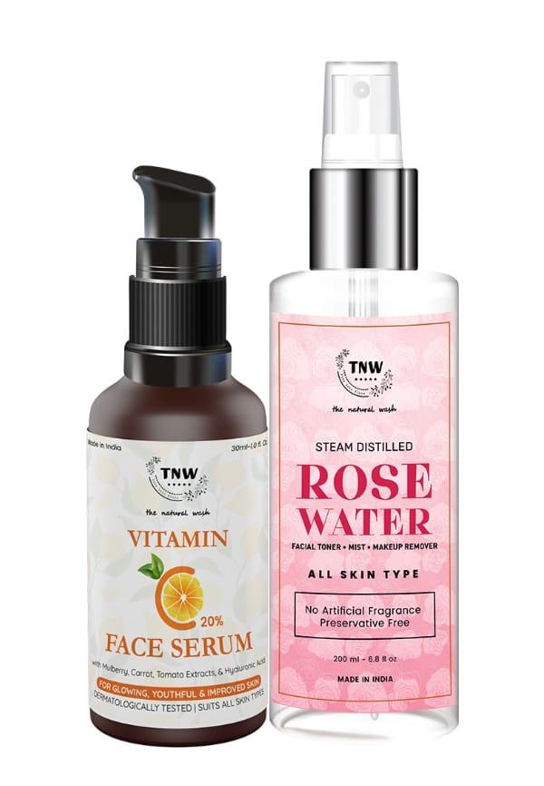 Steam Distilled Rose Water(200ml)/Toner/Makeup Remover with Vitamin C Serum Reduce hyperpigmentation & Dark Spots