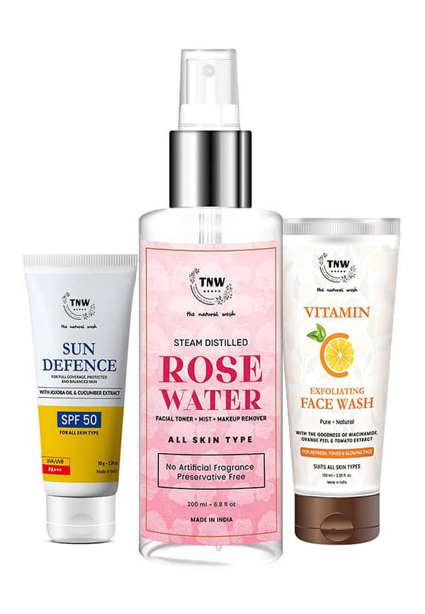 SPF Cream 50gm + Vitamin C Exfoliating Face Wash 100ml + Rose Water Spray Bottle 200ml