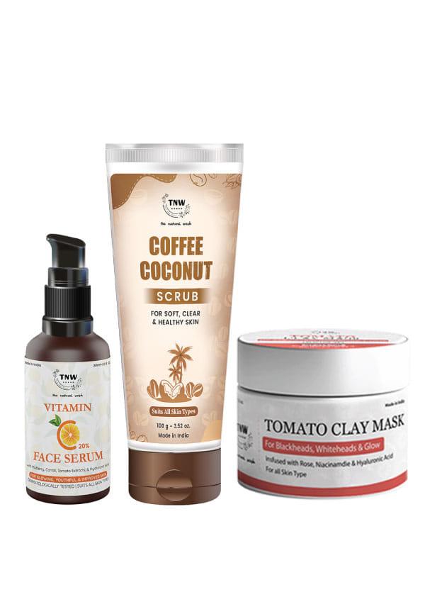 Tomato Clay Mask, Coffee Coconut Scrub & Vitamin C Face Serum for Glowing Skin