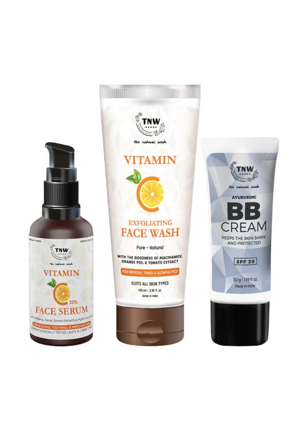 BB Cream, Vitamin C Exfoliating Face Wash & Vitamin C Face Serum for Glowing Skin | With SPF 30 & Vitamin C