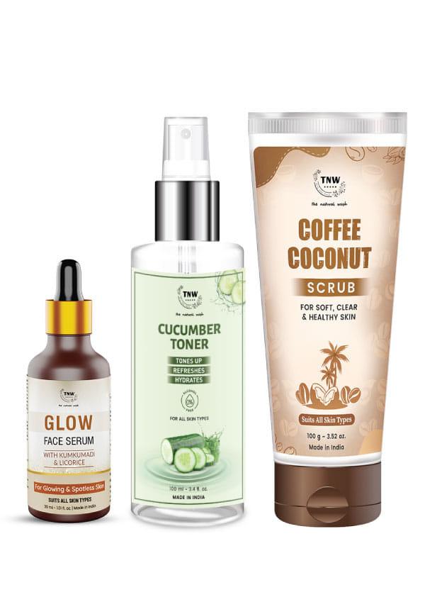 Skincare Combo with Glow Face Serum, Cucumber Toner & Coffee Coconut Scrub | For Glowing & Hydrated Skin | Suitable for All Skin Types