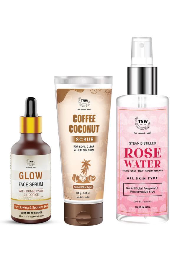 Skincare Combo with Glow Face Serum, Coffee Coconut Scrub & Steam Distilled Rose Water | For Glowing & Hydrated Skin | Suitable for All Skin Types