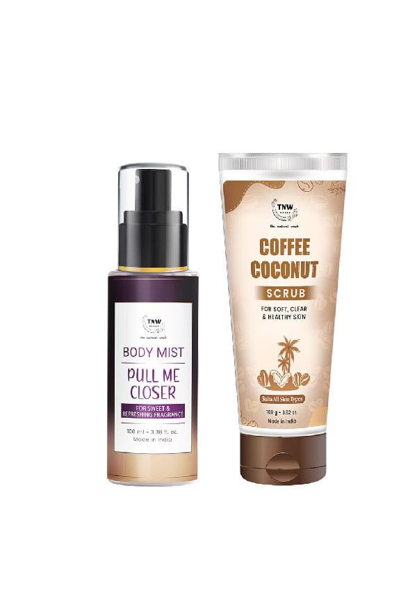 Combo with Pull Me Closer Body Mist and Coffee Coconut Scrub | For LongLasting Fragrance & Removing Dead Skin Cells | Suitable for All Skin Types