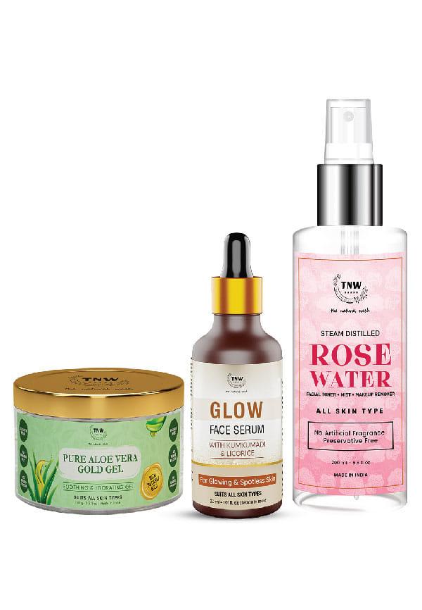 Combo of 3 with Glow Face Serum, Pure Aloe Vera Gold Gel & Steam Distilled Rose Water | For Glowing & Hydrated Skin | Suitable for All Skin Types