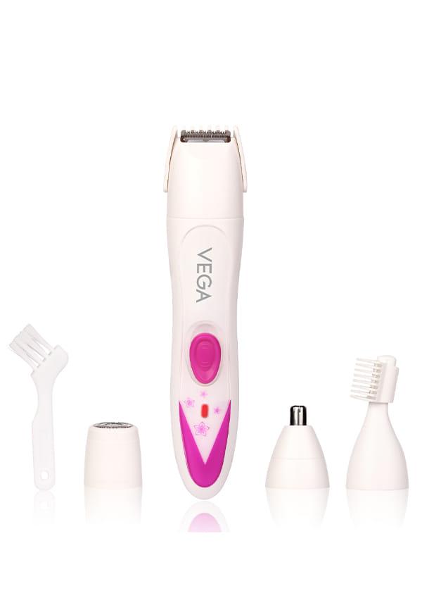 Vega Feather Touch 4-In-1 Trimmer for Women, Suitable for trimming Eyebrows, Nose, Face & Bikini Area (VHBT-03) White