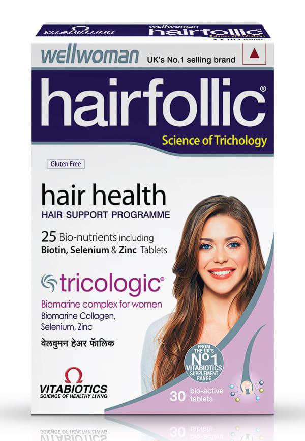 Wellwoman Hairfollic 30 Tablets - Advanced Hair Nutrition formula for Women with Biomarine collagen complex, Biotin and Zinc supplement