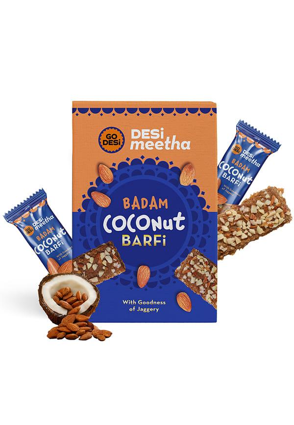 Badam Coconut Barfi, Indian Sweets Gift Pack, Individually Wrapped Burfi, DESi Meetha