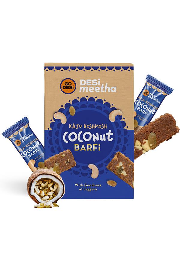 Kaju Kishmish Coconut Barfi, Indian Sweets Gift Pack, Individually Wrapped Burfi, Desi Meetha
