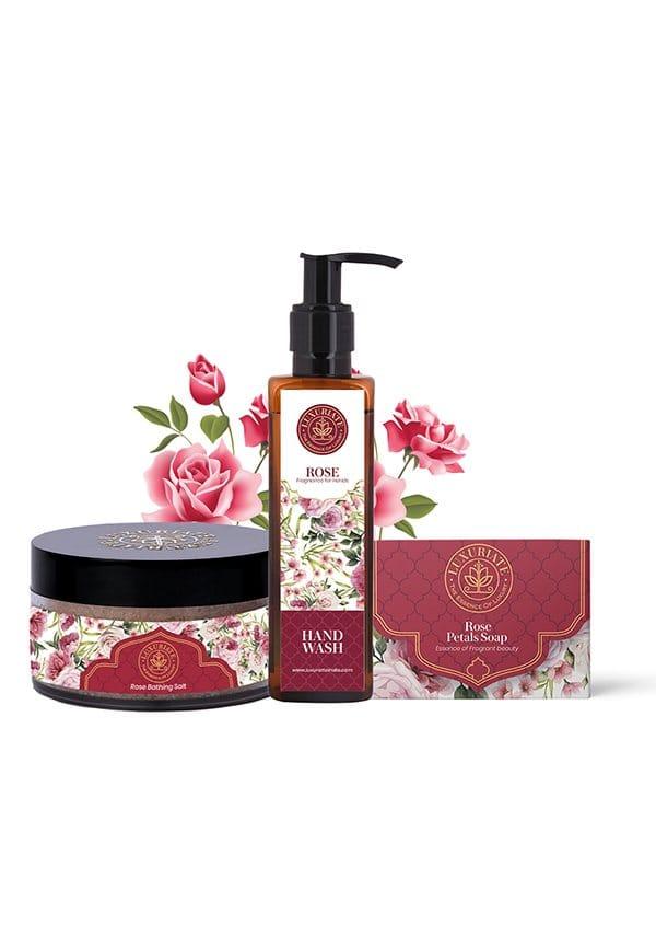 Natural Rose Anti Bacterial Moisturizing Hand Wash, Rose Essence Beauty Soap And Mineral Rich Parijat Bath and Foot Spa Bathing Salt combo pack of 3