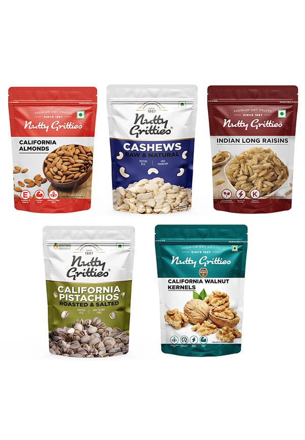 Mixed Daily Needs Nuts Dry Fruits - Almonds, Walnuts Kernels, Cashews, Roasted Salted Pistachios & Raisins Combo
