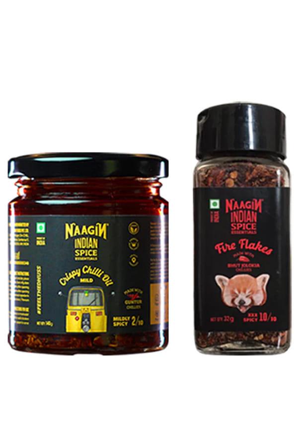 Indian Spice Essentials - Crispy Chilli Oil (Mild) & Indian Bhut Jolokia - Fire Flakes, 10/10 XXX Spicy