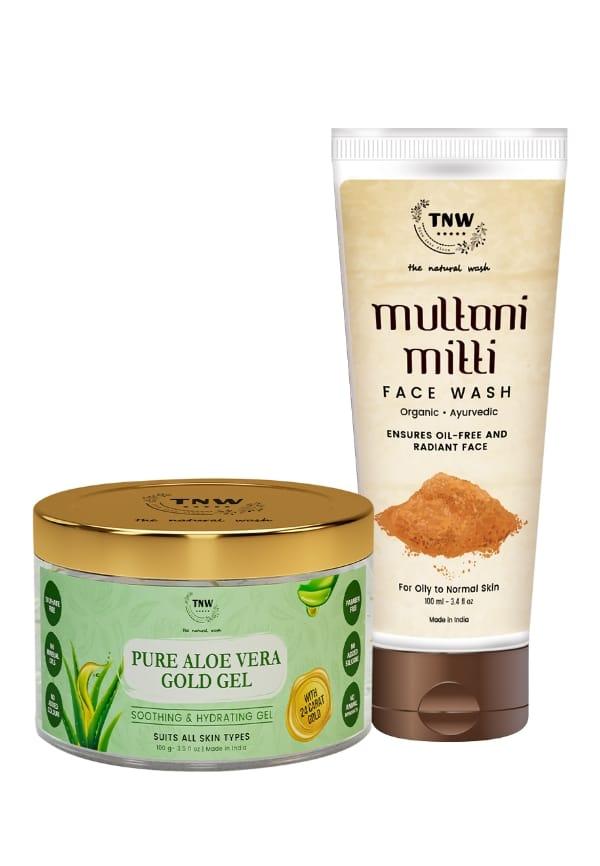 Pure 24k Gold Aloe Vera Gel for Face Skin, Scars & Sunburn with Multani Mitti Face Wash for Oily skin to Normal skin