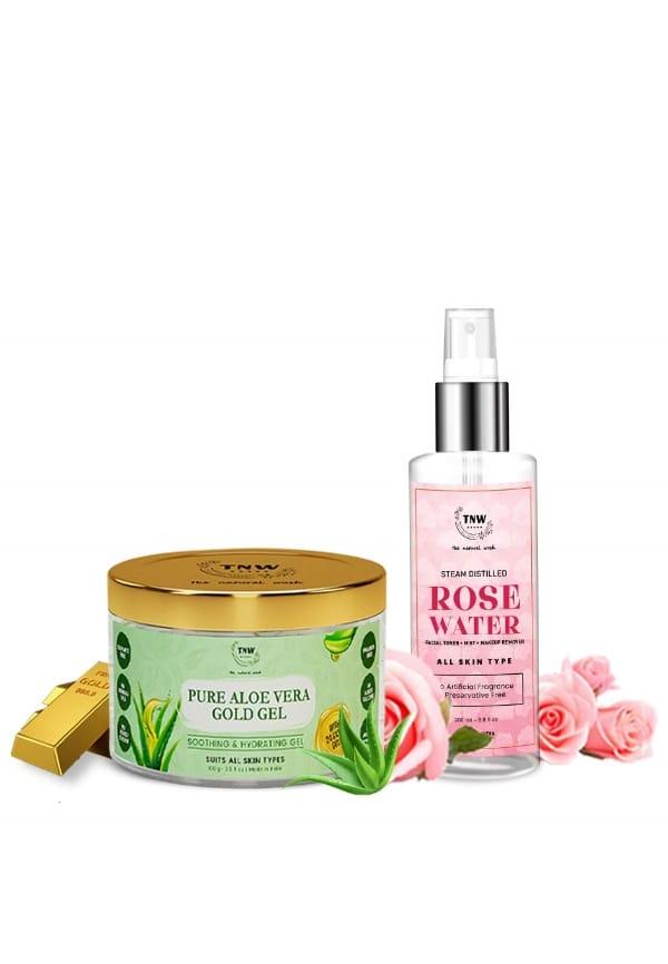 Pure 24k Gold Aloe Vera Gel for Face Skin, Scars & Sunburn with Rose Water Face Toner/Skin Toner/Makeup Remover (Free from Artificial Fragrance & Alc